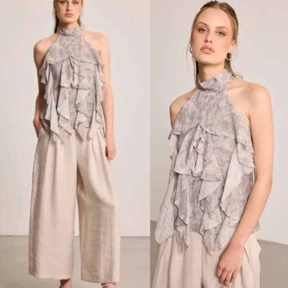 Parker Women's Silky Ruffle Blouse Light Gray Size S 26544 - Picture 1 of 9